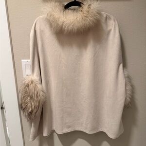 Faux Suede Fur Trimmed Poncho Cream M/L